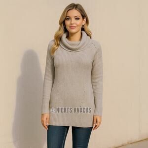 Cashmere Cowl Neck Sweater Chunky Knit Longline Tunic Pullover Gray Size XS